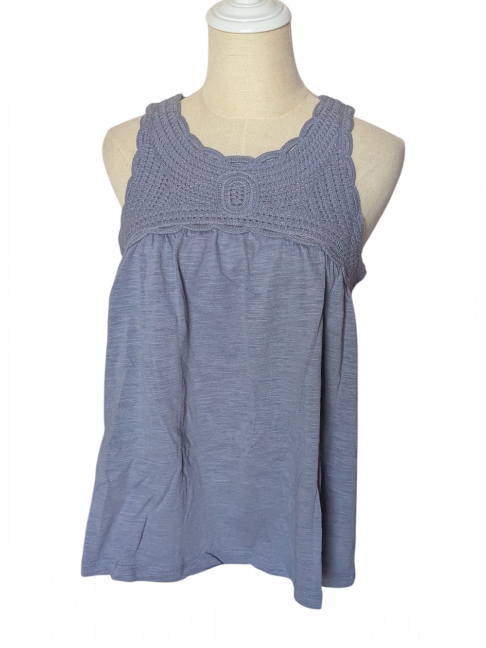 Design365 Crochet Yoke Tank Top Dusty Blue 100% Cotton Medium